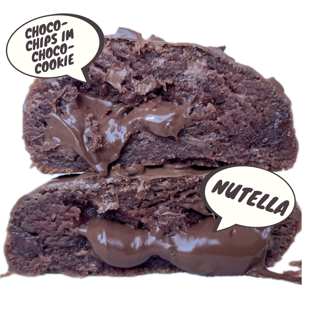 200g Double Chocolate Cookie.
Gefüllt mit Nutella.