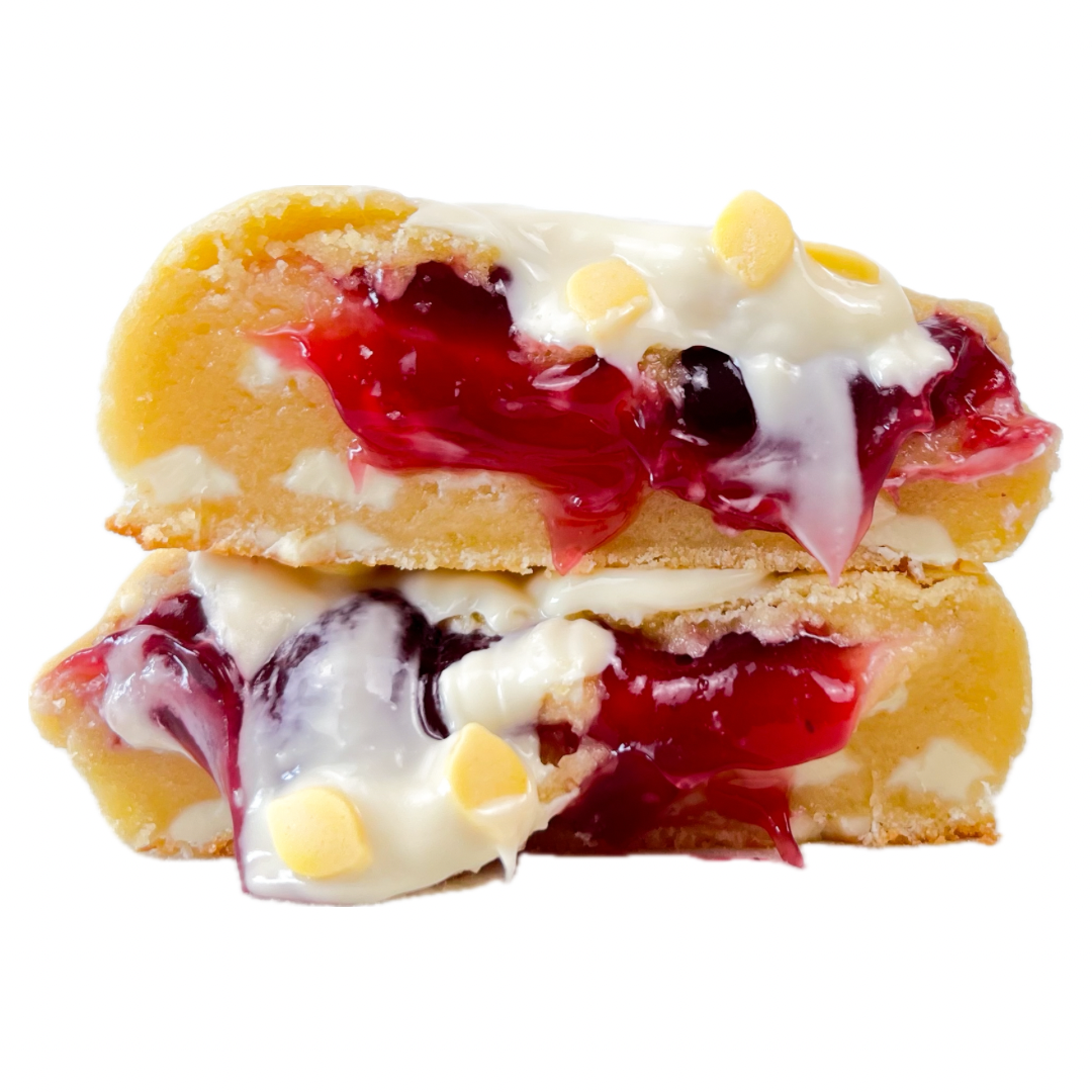 200g White Chocolate Lemon Cookie.
Gefüllt mit Erdbeerkonfitüre.