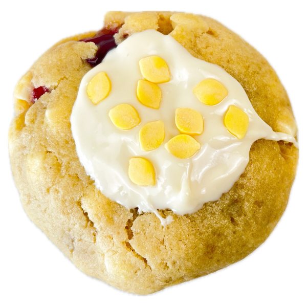 200g White Chocolate Lemon Cookie.
Gefüllt mit Erdbeerkonfitüre.
