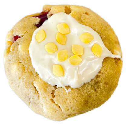 200g White Chocolate Lemon Cookie.
Gefüllt mit Erdbeerkonfitüre.
