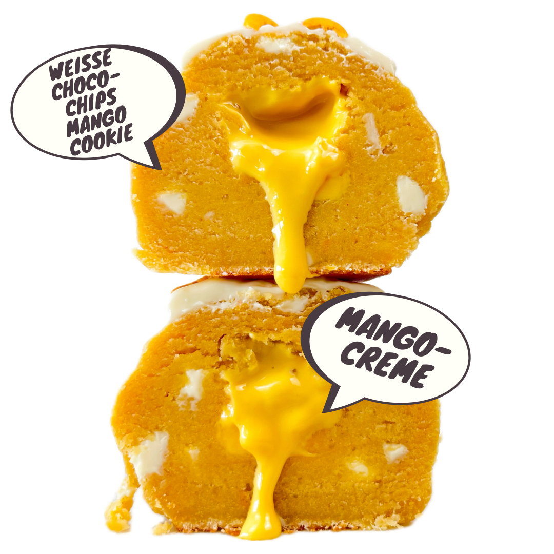 200g White Chocolate Mango Cookie.
Gefüllt mit Mango-Creme.