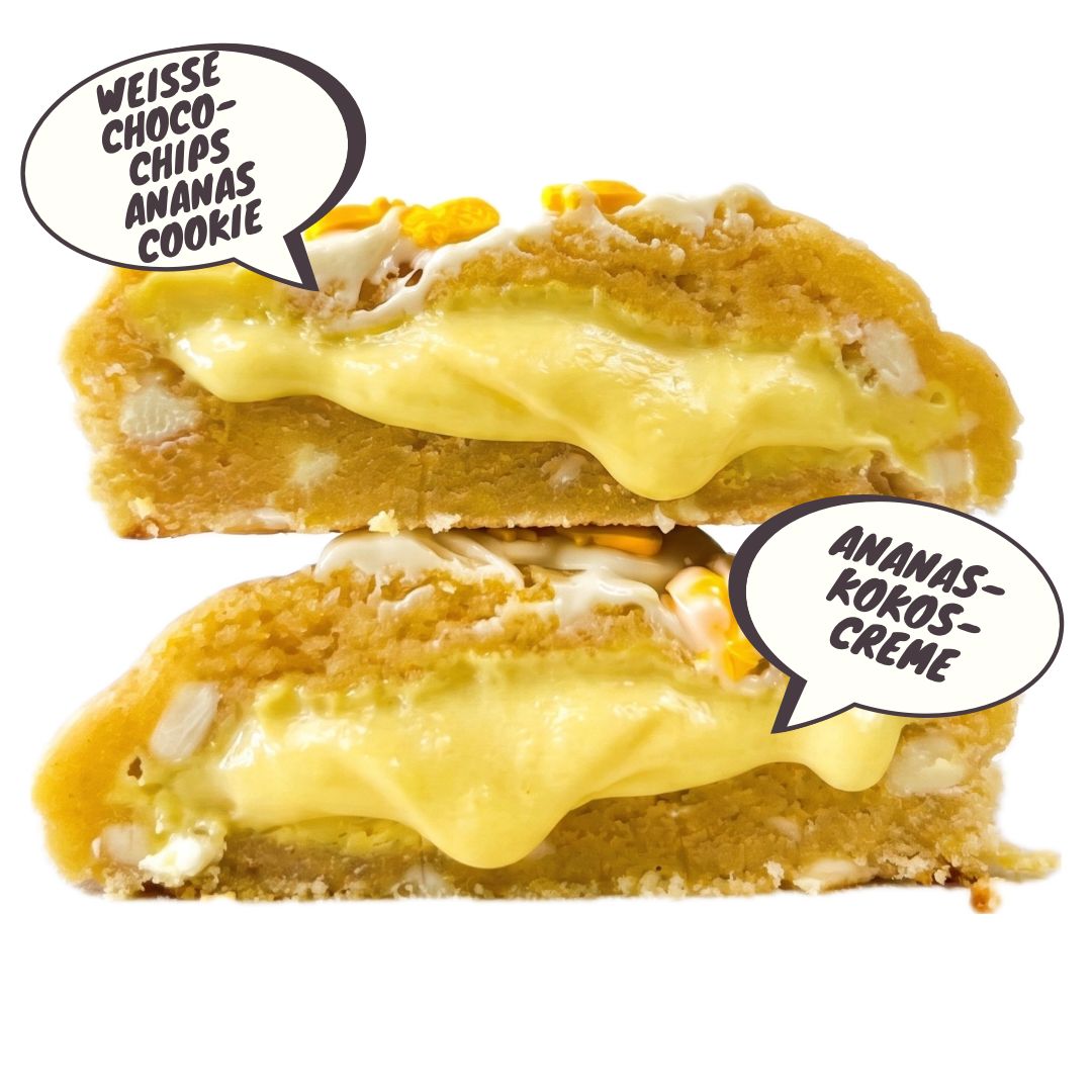 200g White Chocolate Ananas Cookie.
Gefüllt mit Ananas-Kokos-Creme.
