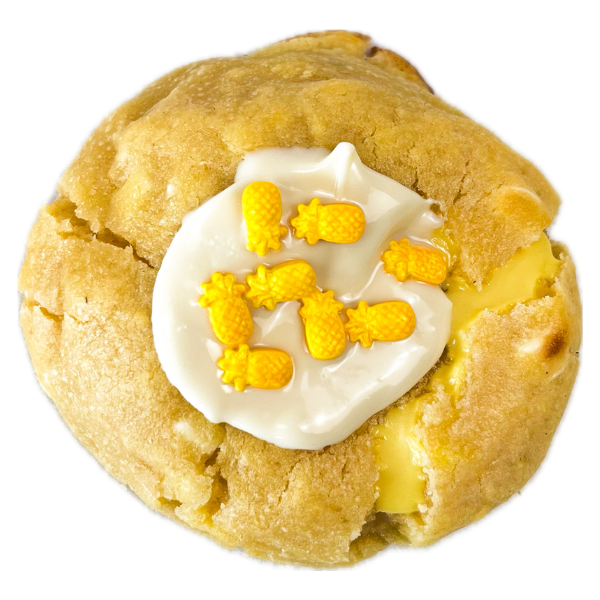 200g White Chocolate Ananas Cookie.
Gefüllt mit Ananas-Kokos-Creme.