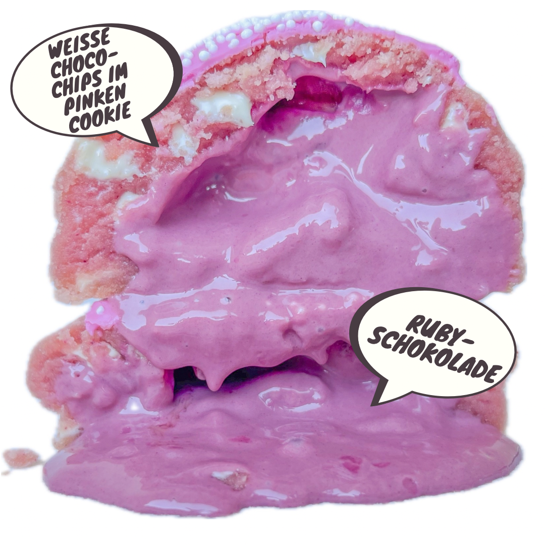 200g Pinker Cookie mit weissen Choco-Chips.
Gefüllt mit Ruby-Schokolade.