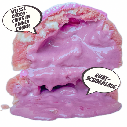 200g Pinker Cookie mit weissen Choco-Chips.
Gefüllt mit Ruby-Schokolade.