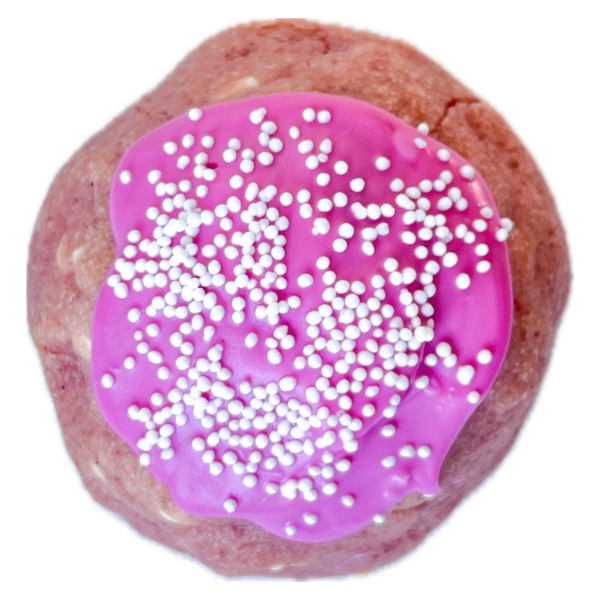 200g Pinker Cookie mit weissen Choco-Chips.
Gefüllt mit Ruby-Schokolade.