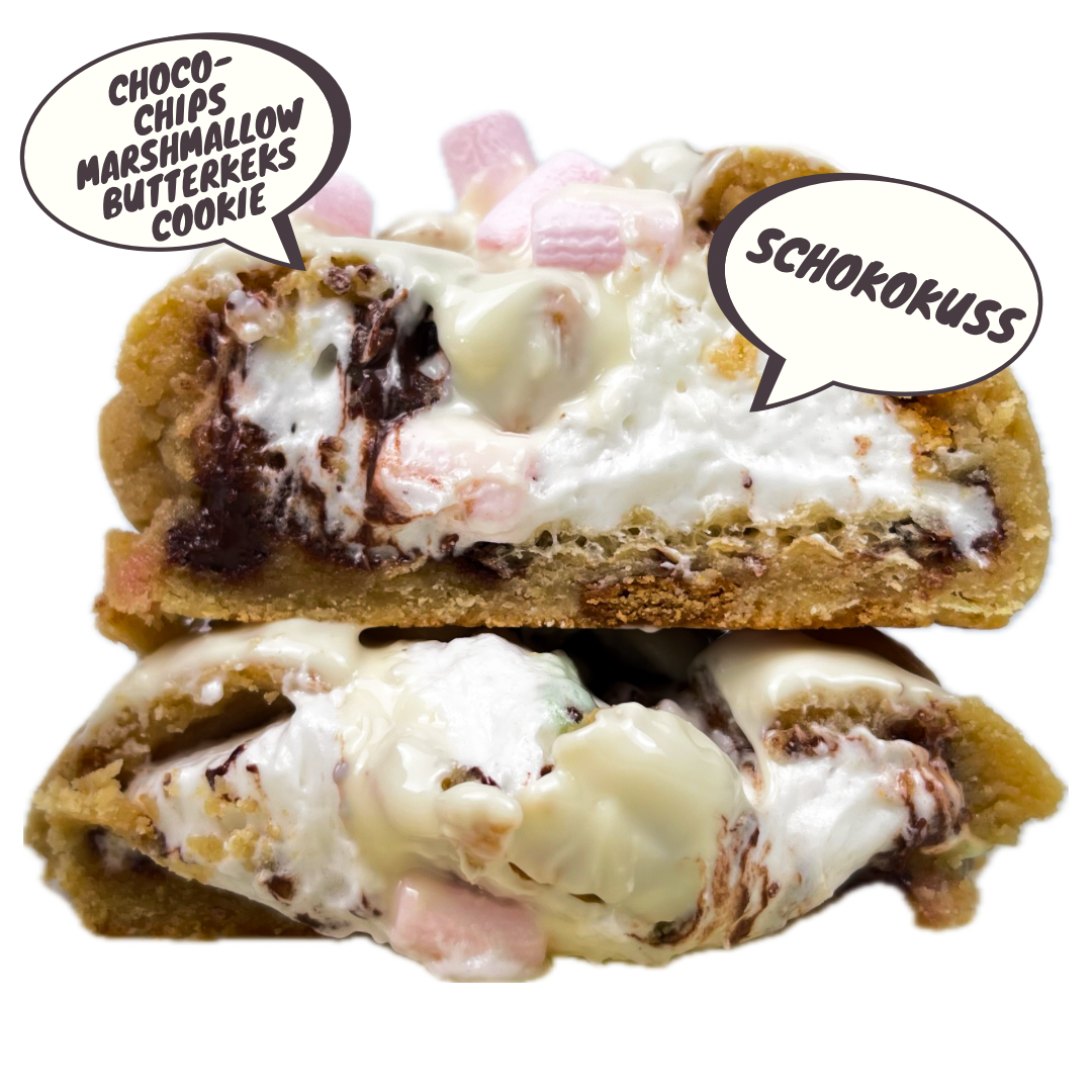 S'mores Monster Cookie - Choco Chips Marshmallow Butterkeks Monster Cookie gefüllt mit Schokokuss getoppt mit weißer Glasur und Marshmallows